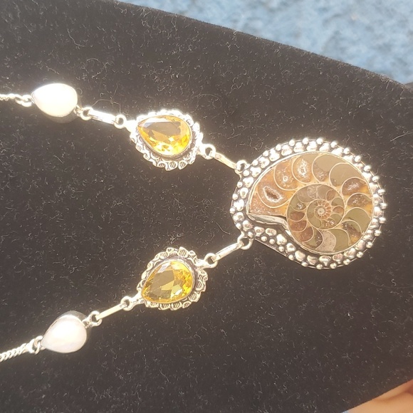 New Ammonite Fossil, Rainbow Moonstone & Citrine 925 Silver Necklace. - Picture 9 of 12